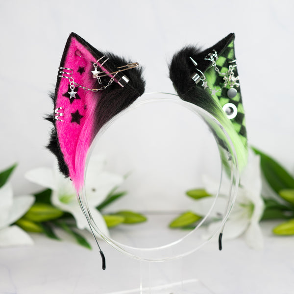 Emo/Scene cat ears (UV pink/green)