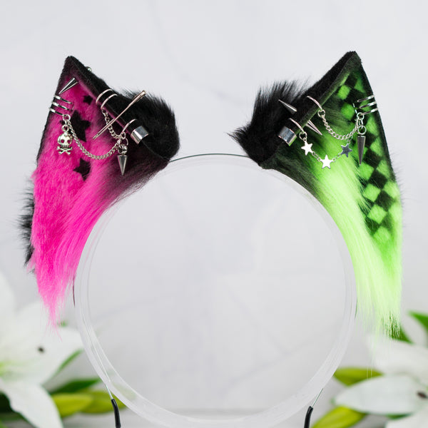 Emo/Scene cat ears (pink/green) (UV)