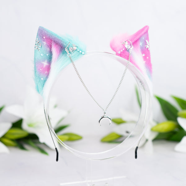 Mismatched pastel galaxy kitten ears (Turquoise/pink)
