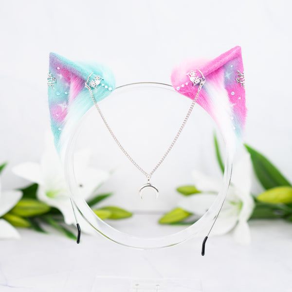 Mismatched pastel galaxy kitten ears (Turquoise/pink)