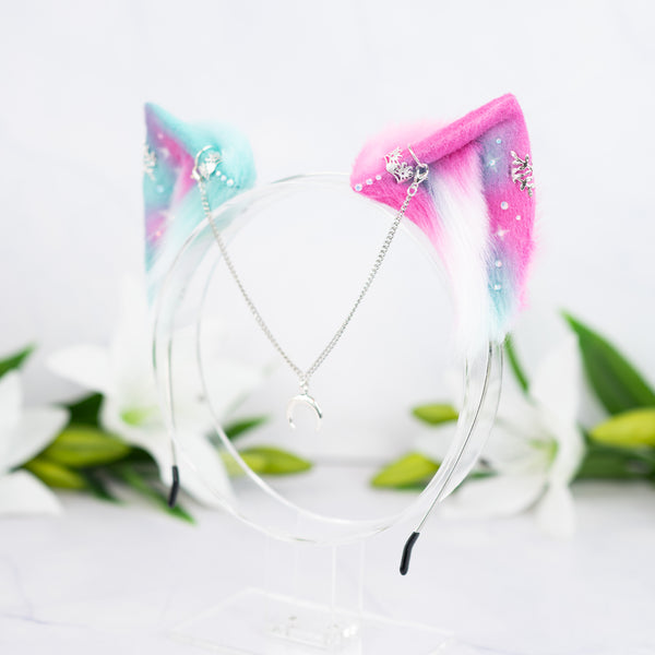 Mismatched pastel galaxy kitten ears (Turquoise/pink)