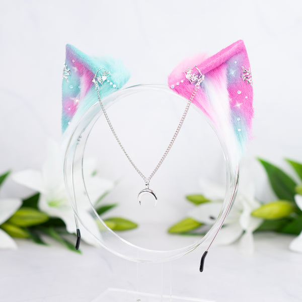 Mismatched pastel galaxy kitten ears (Turquoise/pink)