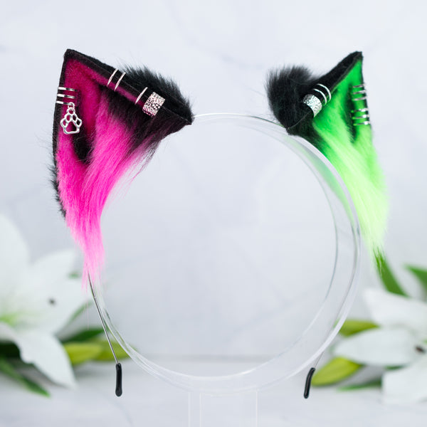 Neon (UV) kitten ears (pink + green)