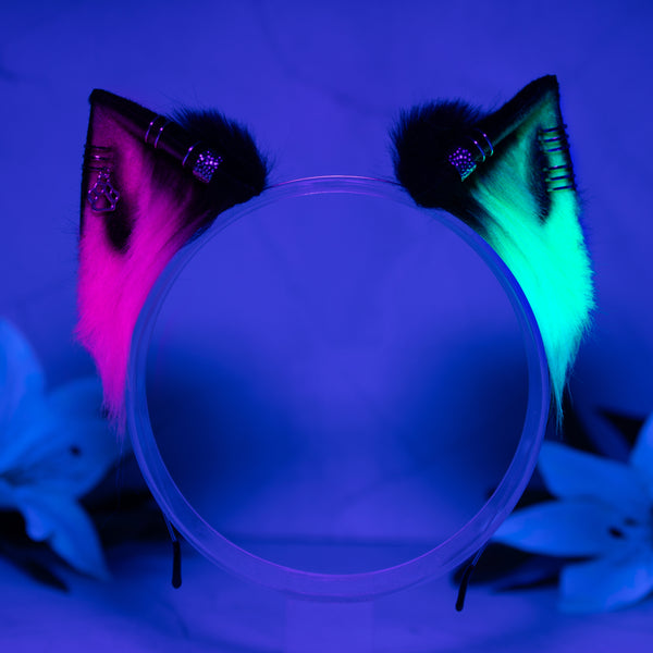 Neon (UV) kitten ears (pink + green)