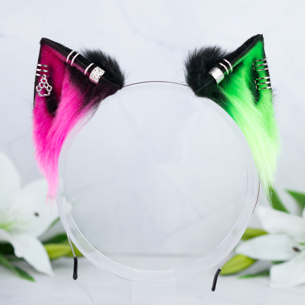 Neon (UV) kitten ears (pink + green)