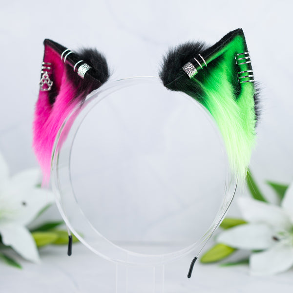 Neon (UV) kitten ears (pink + green)