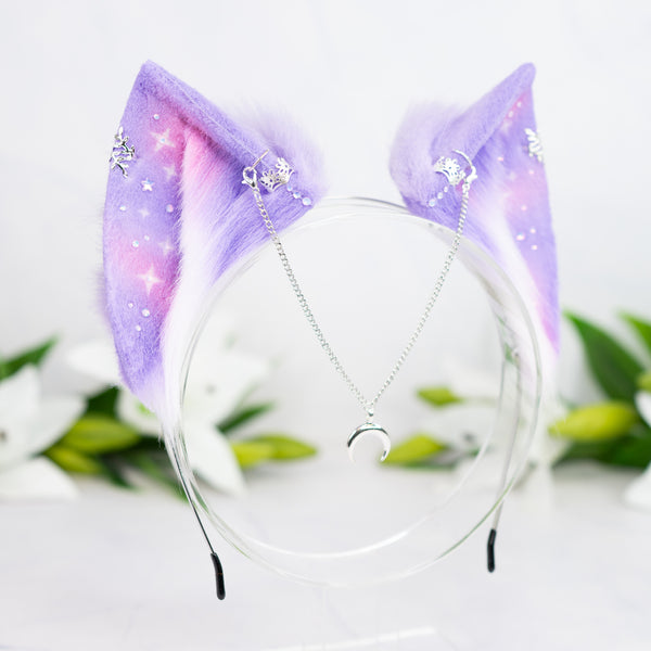 Pastel galaxy cat ears with silver jewelry (Lilac/pink)