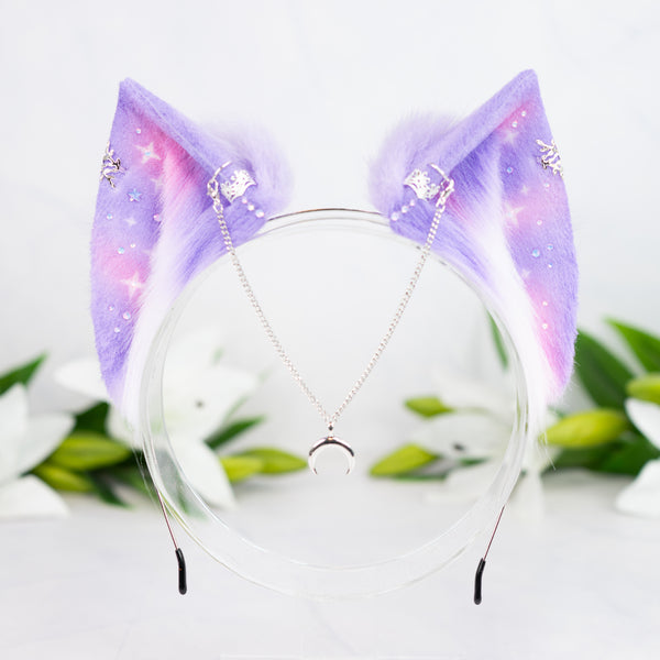 Pastel galaxy cat ears with silver jewelry (Lilac/pink)