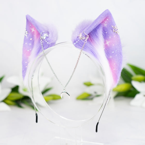 Pastel galaxy cat ears with silver jewelry (Lilac/pink)