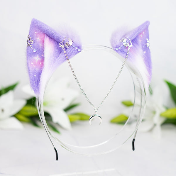 Pastel galaxy kitten ears with silver jewelry (Lilac/pink)