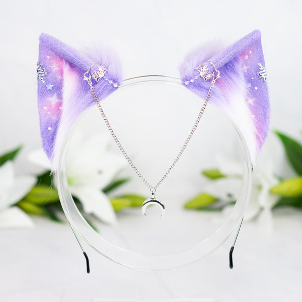 Pastel galaxy kitten ears with silver jewelry (Lilac/pink)