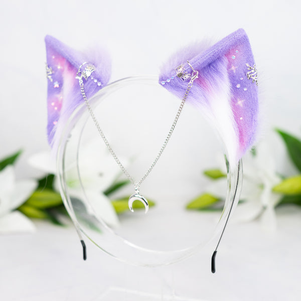 Pastel galaxy kitten ears with silver jewelry (Lilac/pink)