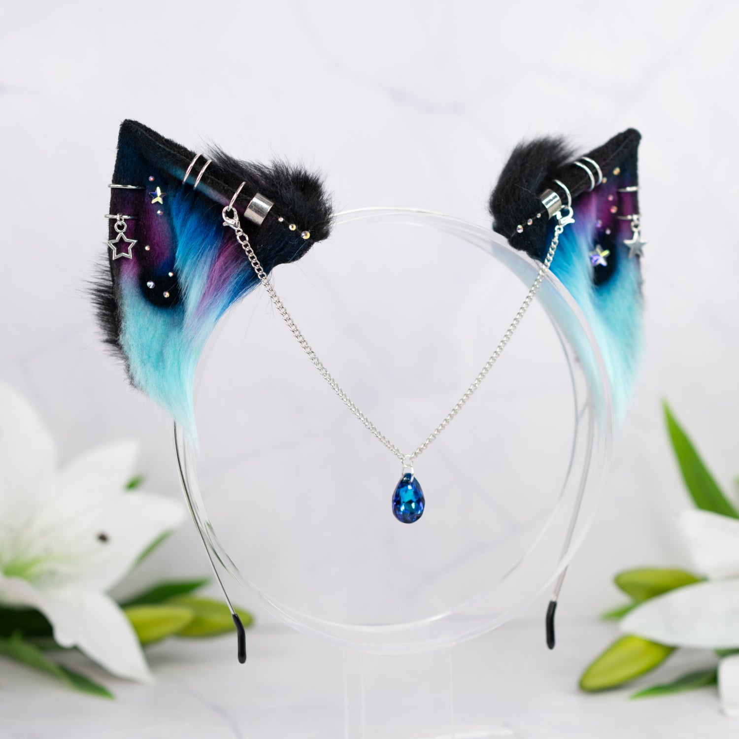 Turquoise pink galaxy kitten ears