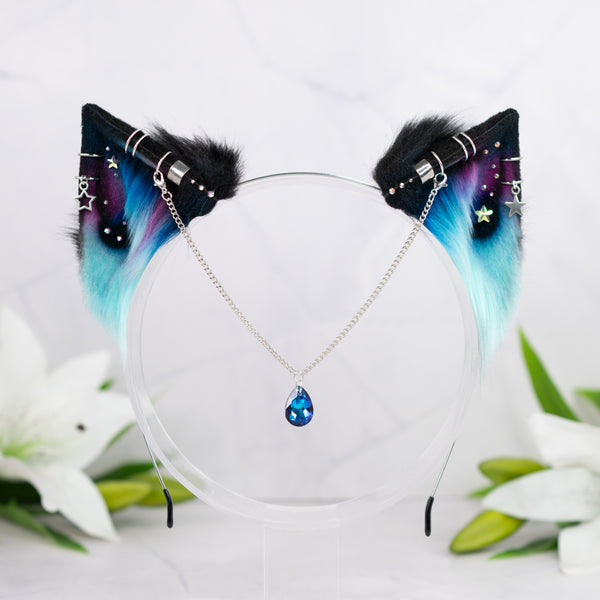 Turquoise pink galaxy kitten ears