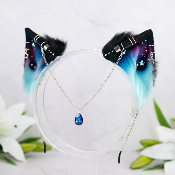 Turquoise pink galaxy kitten ears