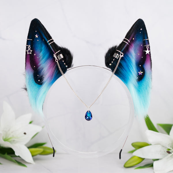 Turquoise pink galaxy wolf ears (small)